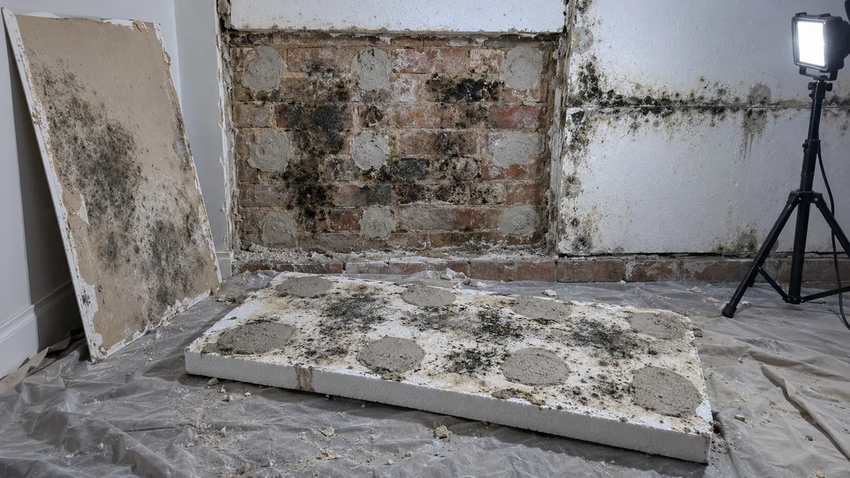 Mur en briques mis à nu après dépose d'un doublage en polystyrène collé par plots : une plaque posée au sol montre ses plots de colle gris et des moisissures noires entre eux, les briques sont humides et tachées aux mêmes endroits