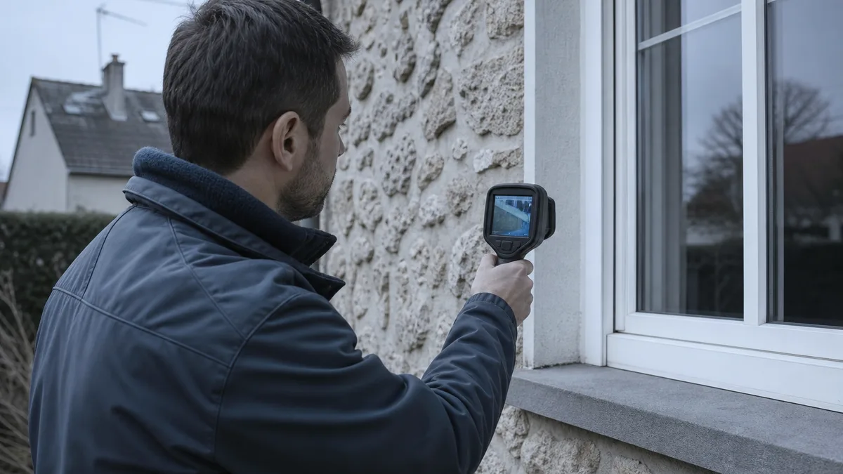 Un diagnostiqueur pointe une caméra thermique vers l'encadrement d'une fenêtre sur la façade d'un pavillon francilien