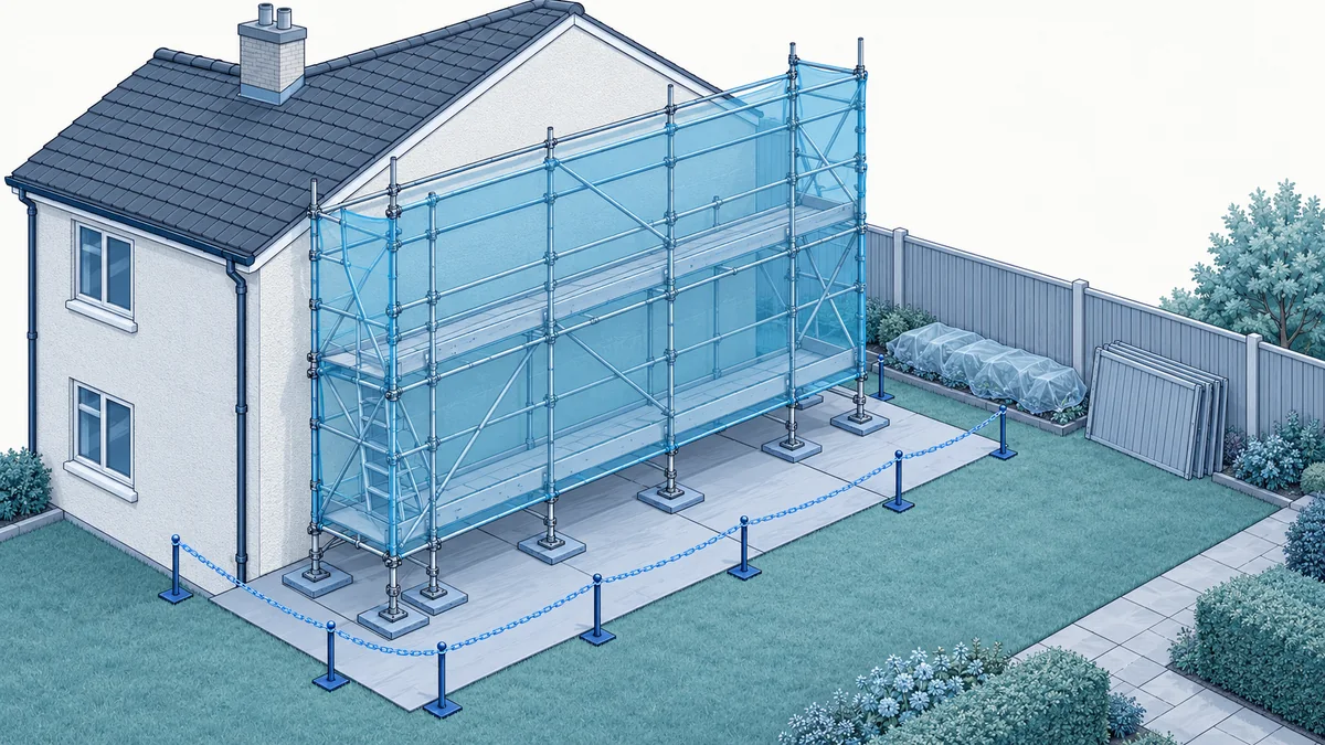 Illustration en perspective d'un échafaudage de façade monté dans le jardin d'un voisin le long d'un pignon en limite de propriété, avec ses protections : panneaux de contreplaqué posés sur la pelouse, pieds sur platines, filet de protection sur la face extérieure, massif bâché le long de la clôture et barrière provisoire à chaîne autour de l'emprise