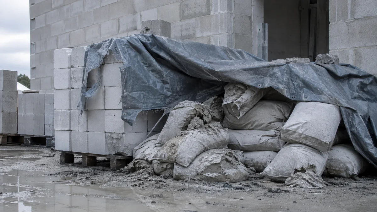 Palettes de matériaux et sacs restés sur un chantier arrêté, sous bâche, sans activité autour