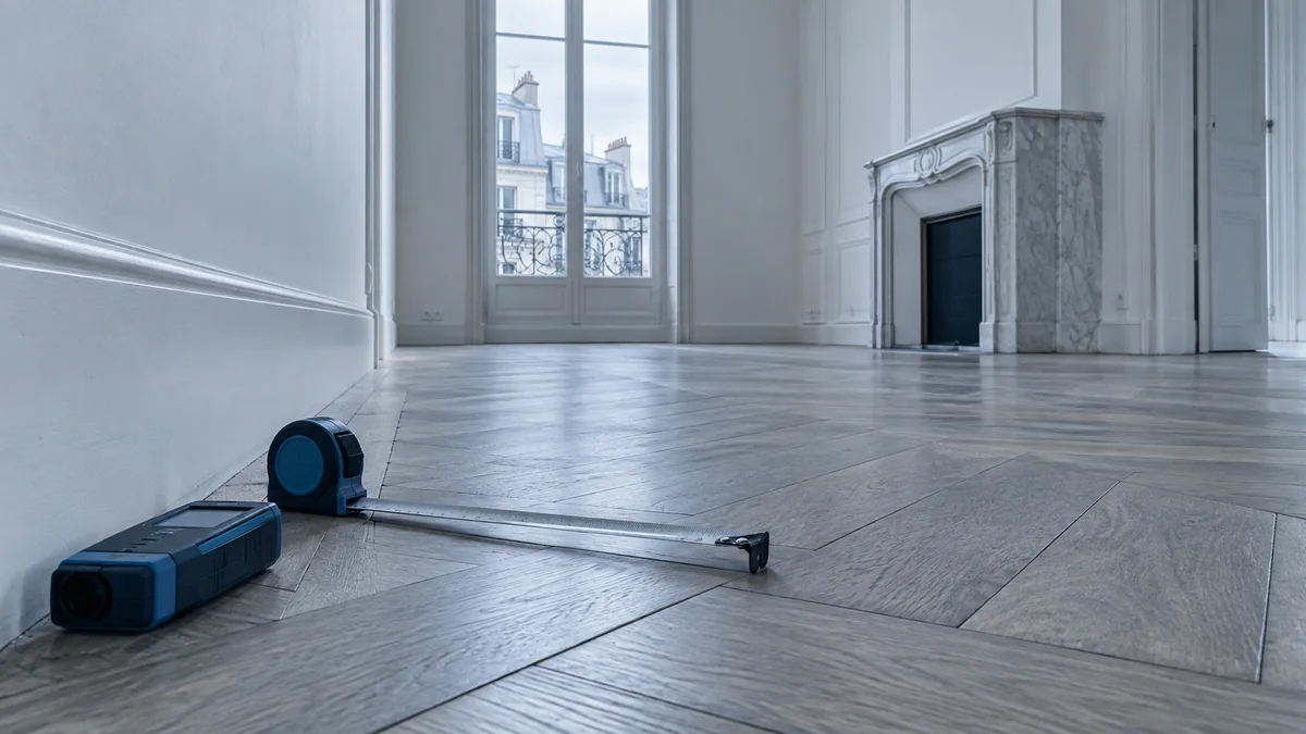 Télémètre laser et mètre ruban posés au sol dans un appartement vide en cours de mesurage
