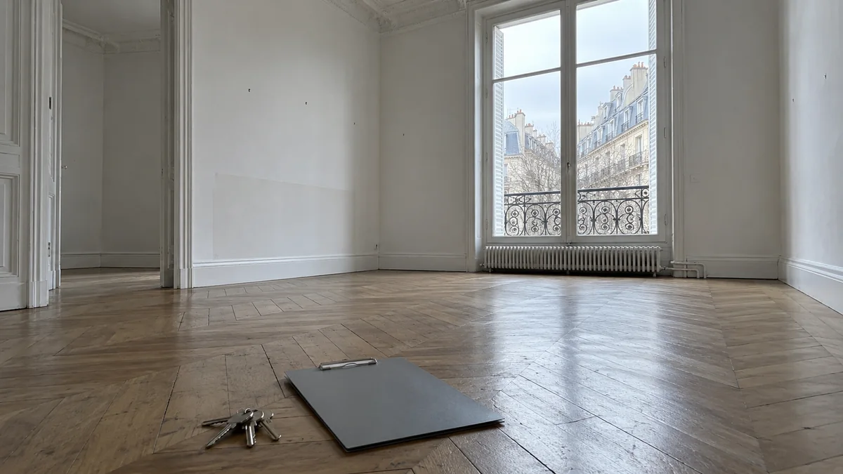 Pièce vide d'un appartement haussmannien le jour de la remise des clés : parquet en point de Hongrie, murs blancs, porte-fenêtre sur balcon, trousseau et porte-document posés au sol