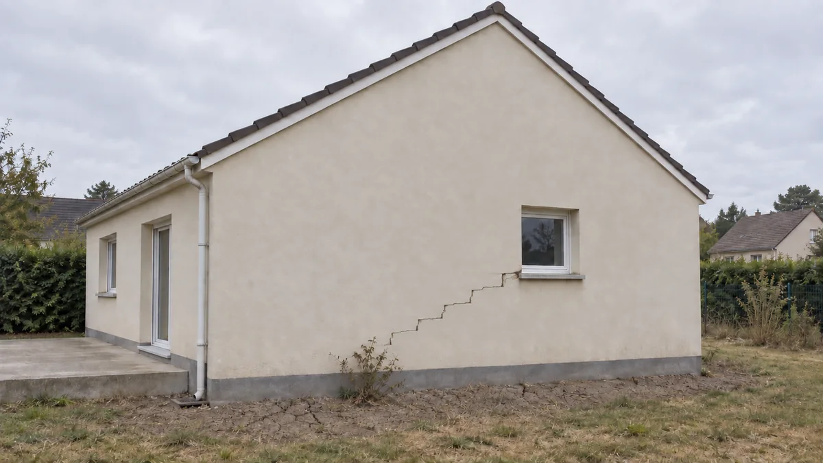 Fissure en escalier sur le pignon d'une maison individuelle récente, au-dessus d'un sol argileux craquelé par la sécheresse