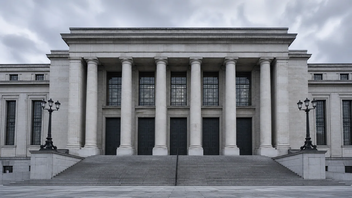 Façade institutionnelle à colonnades d'un palais de justice en Île-de-France, ciel gris et couvert, réverbères de part et d'autre du perron