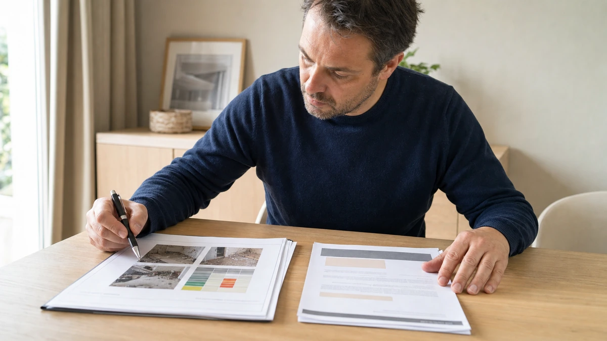 Un homme annote et compare deux dossiers techniques présentant des photos de désordres de construction et un courrier distinct
