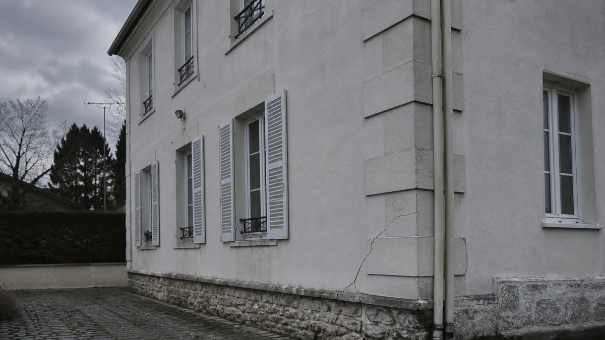 Façade d'une maison individuelle en Île-de-France avec une fine fissure diagonale visible près d'un angle du rez-de-chaussée, ciel couvert