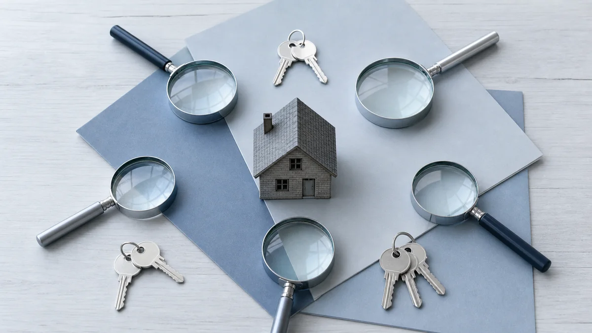 Maquette de maison en bois entourée de plusieurs loupes et jeux de clés disposés en éventail dans différentes directions sur un bureau clair, évoquant plusieurs métiers distincts, en lumière naturelle, sans aucune personne