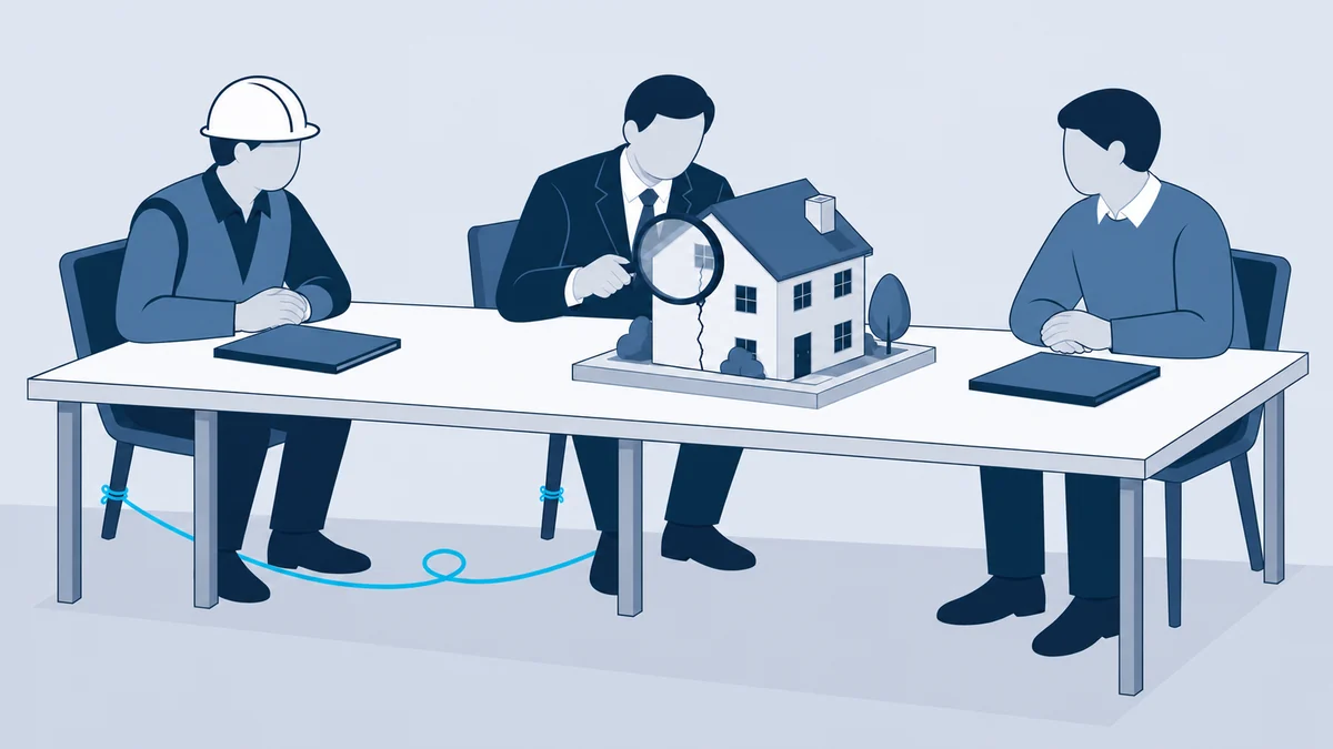 Illustration : maquette de maison fissurée sur une table, l'expert l'examine à la loupe entre l'entrepreneur casqué et le propriétaire, un fil bleu sous la table relie le pied de la chaise de l'expert à celui de la chaise de l'entrepreneur