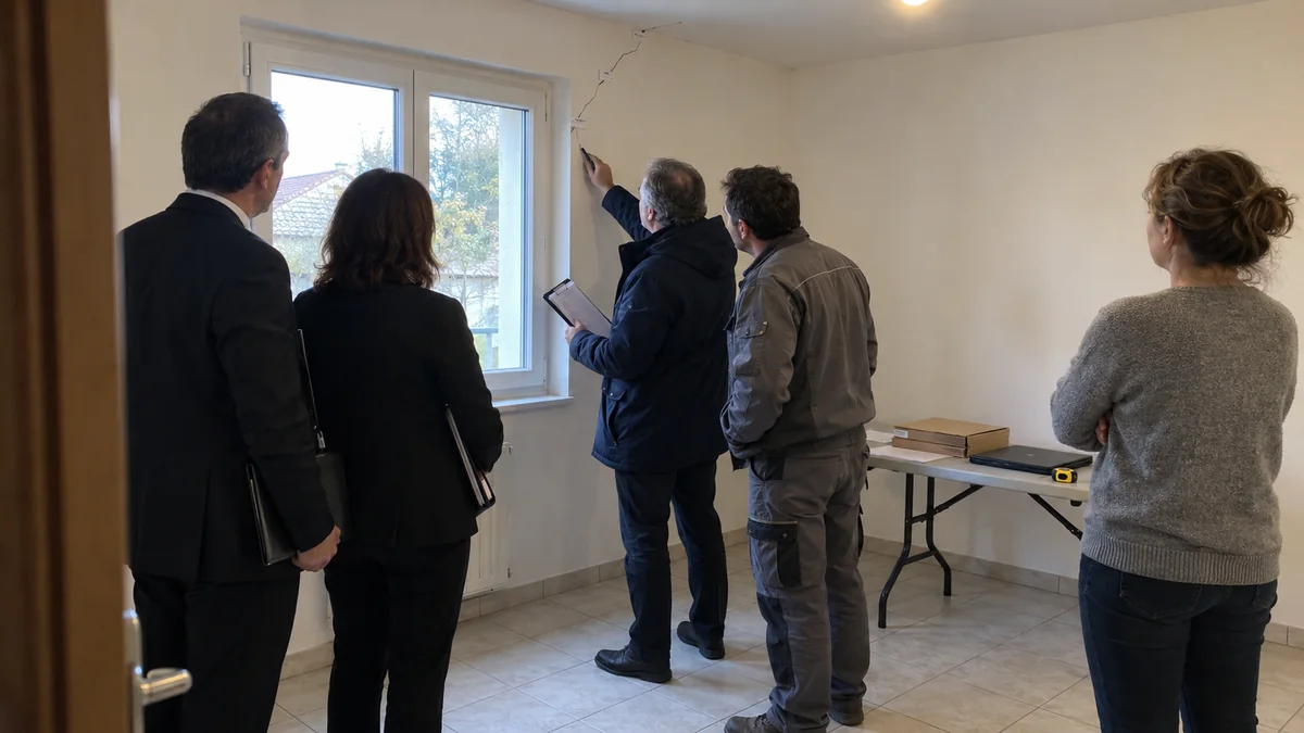 Réunion d'expertise judiciaire dans une pièce vidée : l'expert montre au stylo une fissure partant de l'angle de la fenêtre, l'entrepreneur en tenue de travail se tient tout près de lui, deux avocats avec leurs dossiers en retrait et la propriétaire à l'écart, bras croisés
