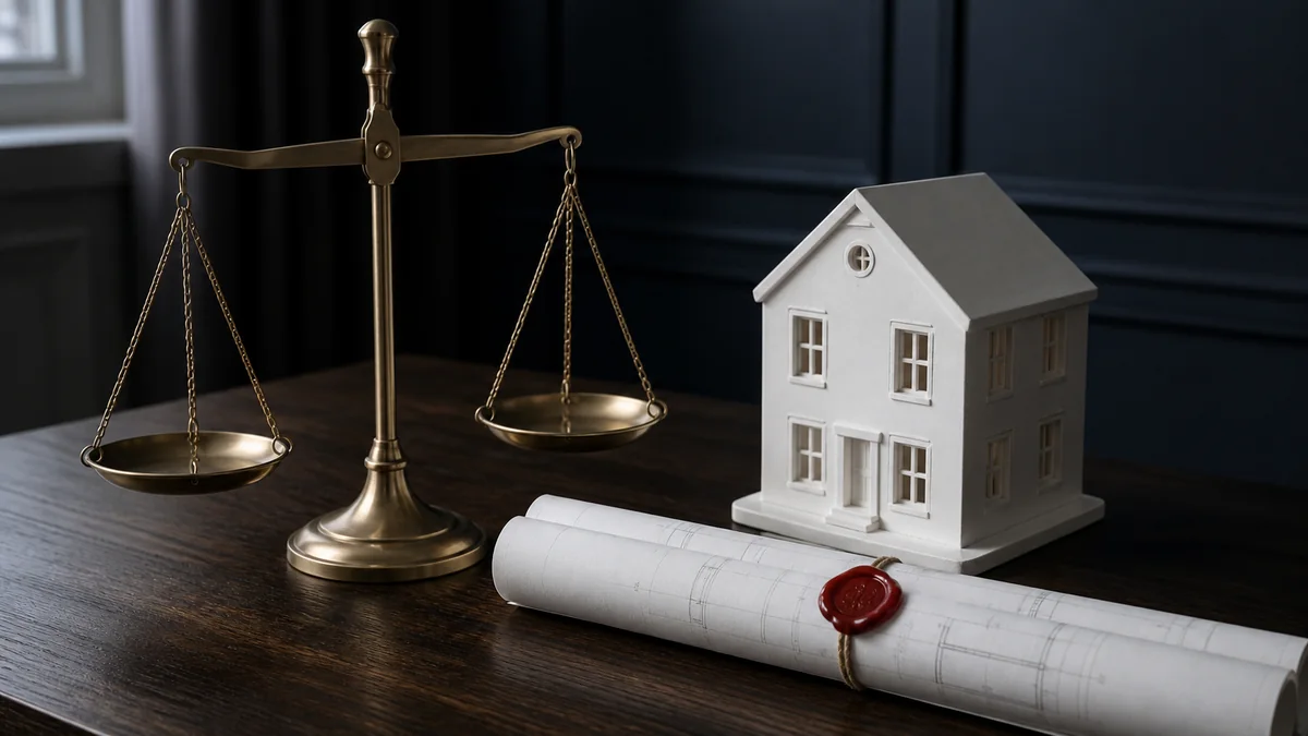 Illustration mêlant justice et immobilier : une balance de la justice en laiton près d'une maquette de maison et de plans d'architecte roulés scellés à la cire rouge, dans une lumière feutrée, sans aucune personne
