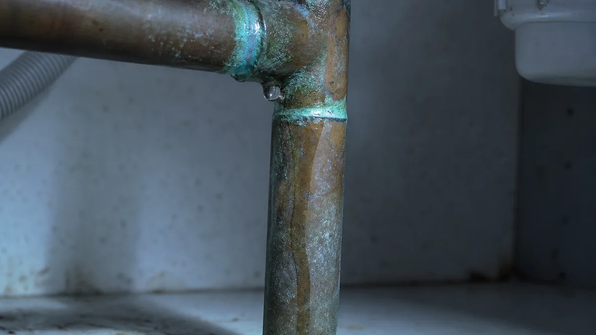 Raccord de plomberie en cuivre corrodé sous un évier, recouvert de dépôts vert-de-gris, avec une goutte d'eau active formant une fuite et une trace d'humidité sombre descendant vers le meuble