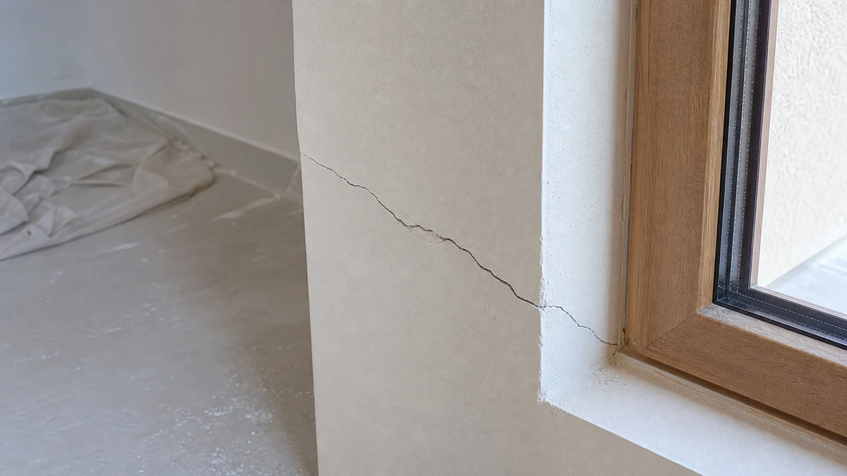Fissure nette traversant un mur fraîchement enduit à l'angle d'une fenêtre dans une construction récente, sans aucune personne visible