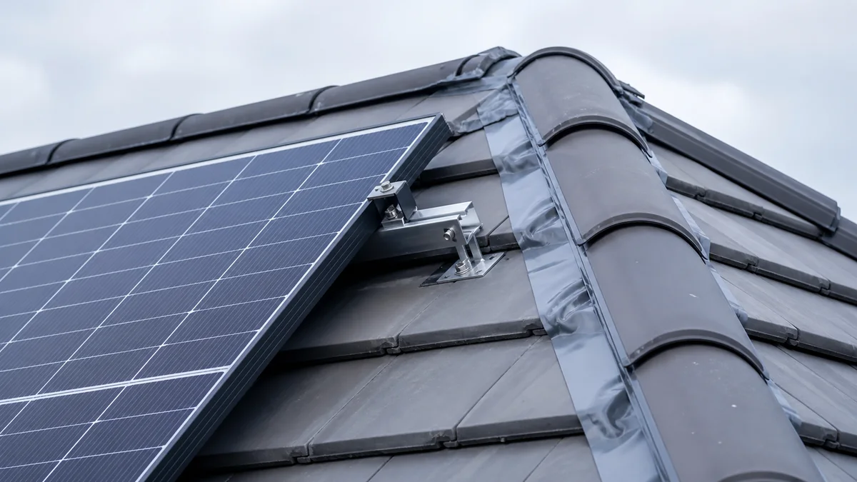 Panneaux photovoltaïques posés sur une toiture résidentielle en tuiles, vue rapprochée sur les fixations et le raccord d'étanchéité au faîtage, en lumière naturelle, sans aucune personne