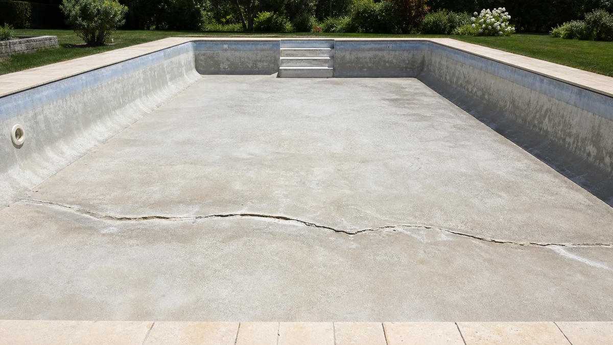 Piscine privée entièrement vidée avec une fissure structurelle visible traversant le radier en béton, jardin résidentiel en arrière-plan
