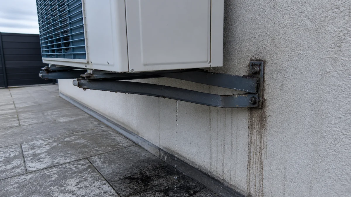 Groupe extérieur de pompe à chaleur fixé au mur enduit par deux équerres métalliques visiblement fléchies sous la charge, avec coulures de rouille au droit des chevilles et longue traînée d'humidité et de salissure sous l'appareil