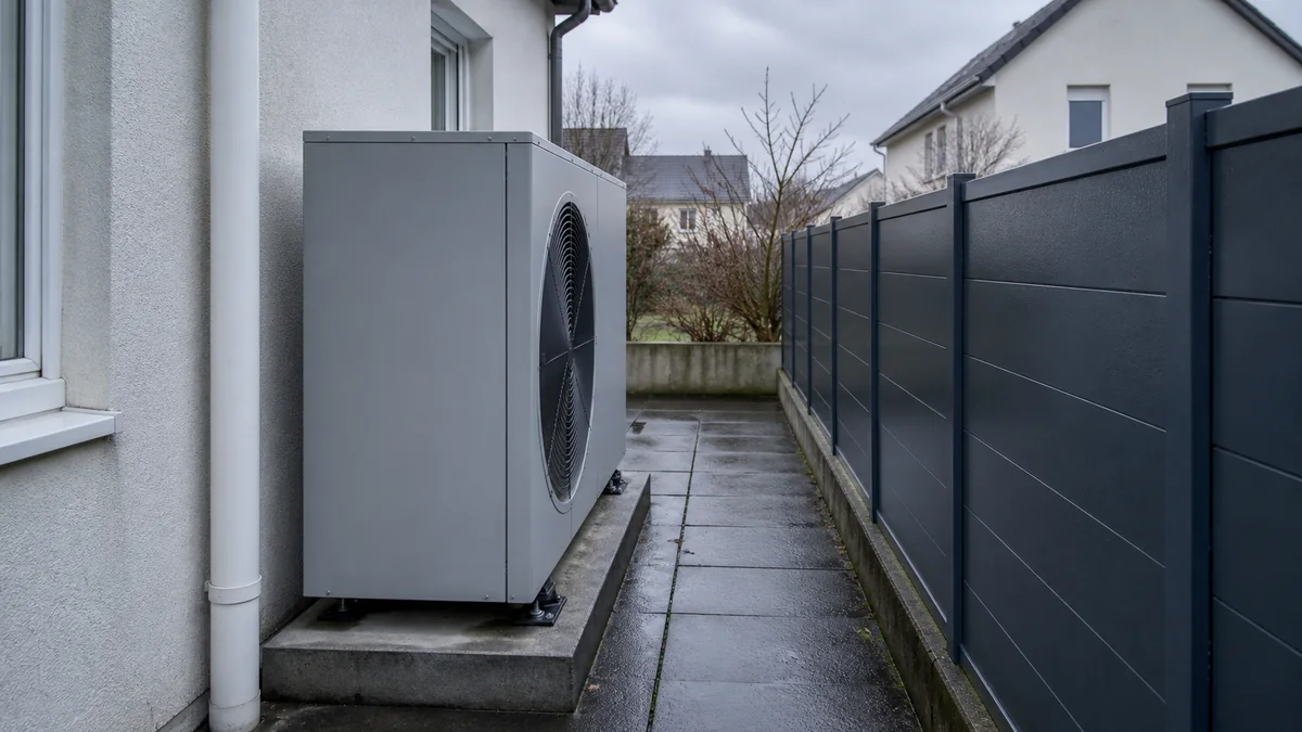 Groupe extérieur de pompe à chaleur air-eau installé le long d'une maison pavillonnaire, à environ un mètre d'une clôture pleine, par temps couvert