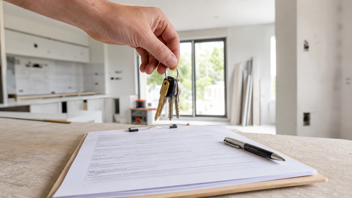 Mains tenant un trousseau de clés neuves au-dessus d'un procès-verbal de réception de travaux posé sur une table de chantier