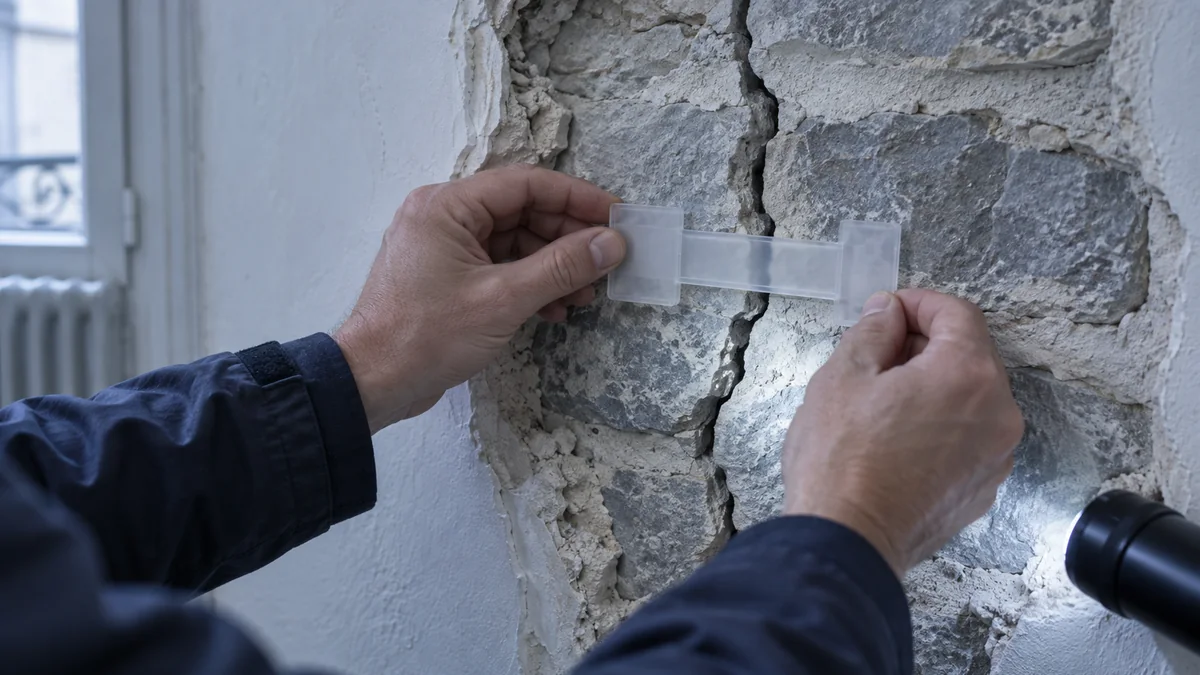 Pose d'un fissuromètre à cheval sur une fissure traversant un mur porteur intérieur