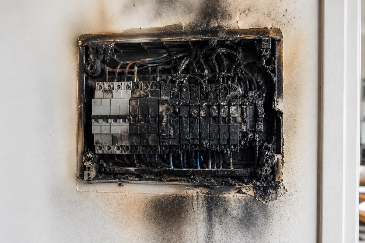 Tableau électrique domestique noirci et partiellement fondu après un départ de feu, disjoncteurs calcinés, illustration d’un sinistre incendie, sans aucune personne