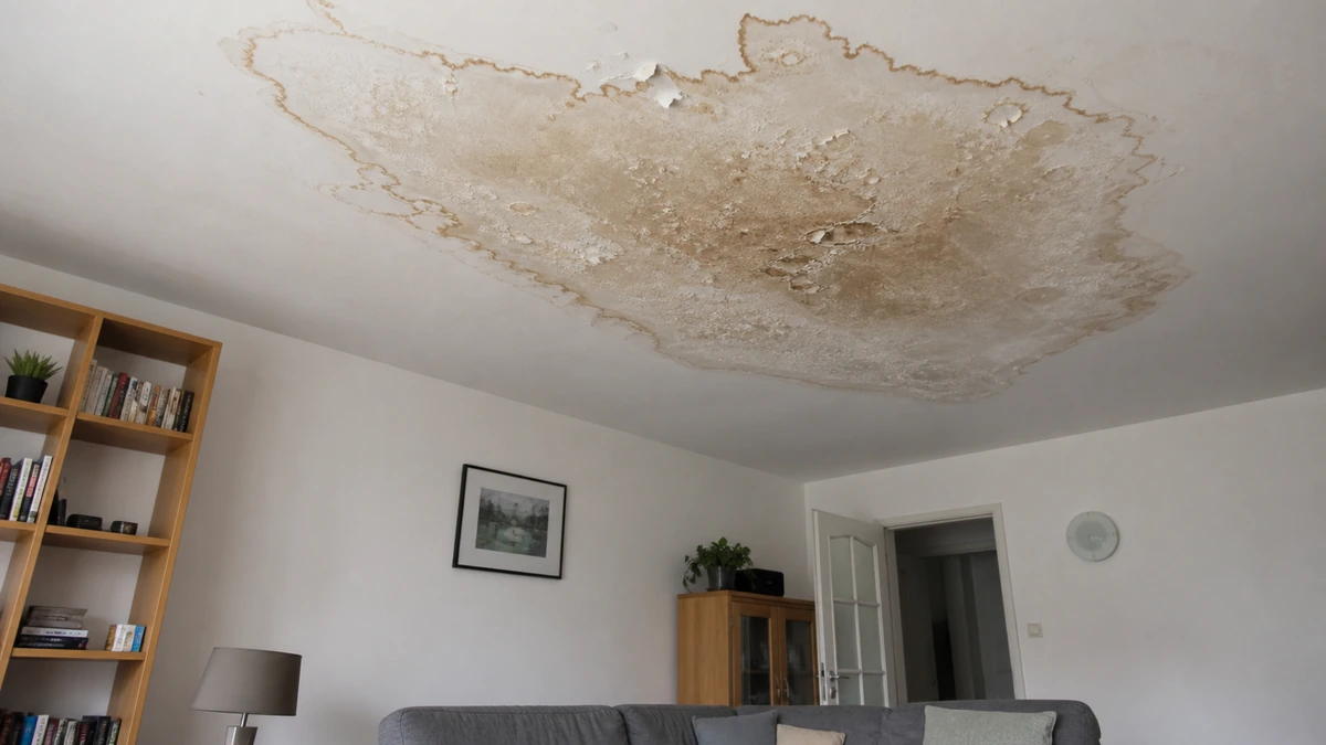 Plafond de séjour marqué par une large tache d'humidité brune après un dégât des eaux, peinture cloquée, logement meublé, sans aucune personne dans le cadre