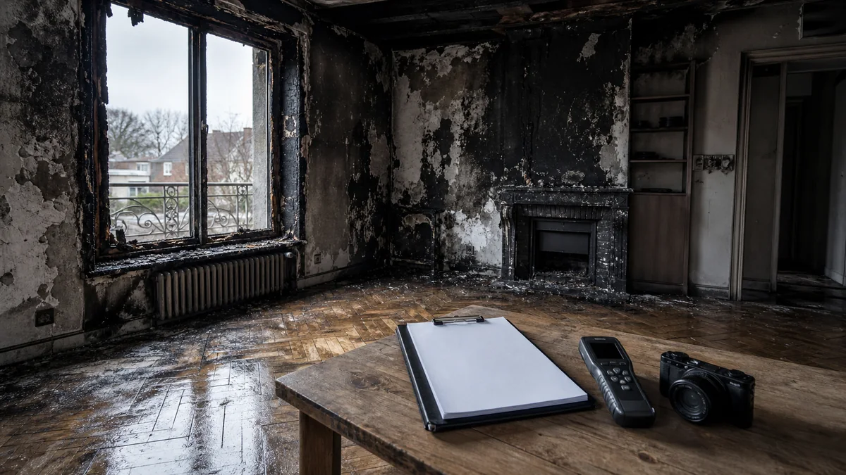 Angle d'une pièce d'habitation après un incendie : mur noirci par la suie, tableau électrique aux disjoncteurs fondus, fumée et braises, cadre calciné au mur, aucune personne