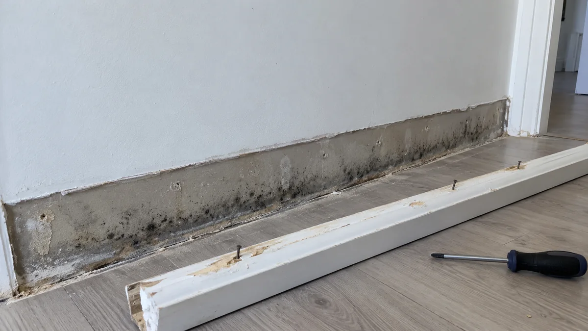 Plinthe déposée au pied d'un mur, révélant le bas de la plaque de plâtre taché d'humidité et de moisissures noires