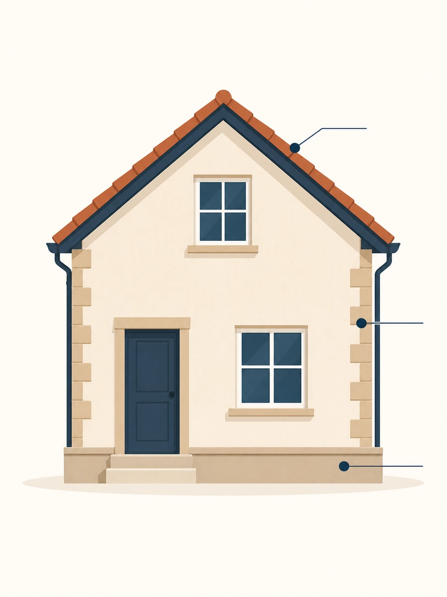 Illustration graphique vectorielle d'une maison stylisée en tons terracotta et bleu profond, avec trois repères signalant le toit, la façade et le soubassement