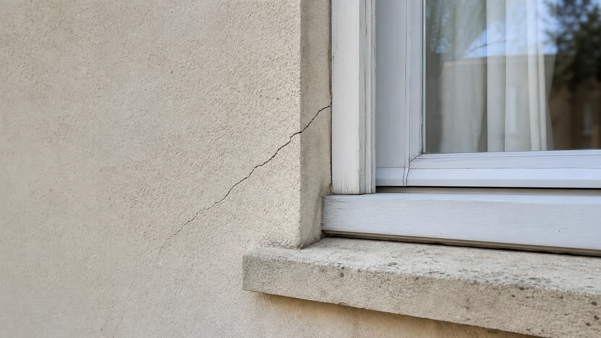 Une fissure capillaire diagonale se propage depuis l'angle du cadre de fenêtre dans l'enduit beige de la façade