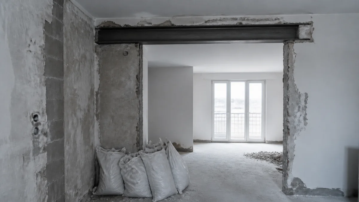 Mur intérieur ouvert en cours de chantier laissant apparaître la structure et des réseaux anciens, avec des gravats au sol