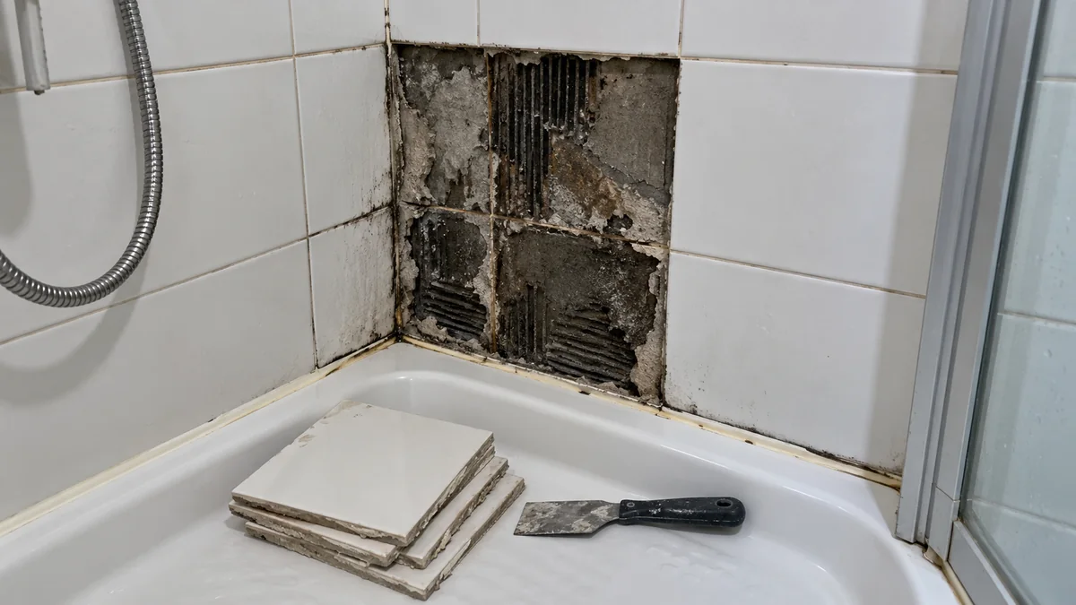 Angle d'une douche carrelée en blanc : quatre carreaux de faïence ont été déposés et posés en pile sur le receveur avec un couteau de peintre, révélant derrière eux un support noirci, une colle délitée et des traces de rouille