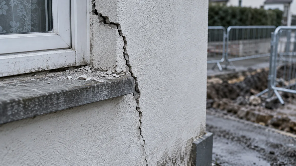 Fissure descendante sur l'enduit d'une façade de maison, au bord d'une rue en travaux