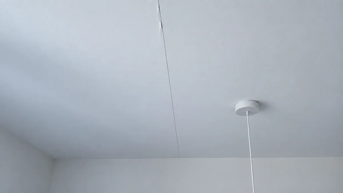 Plafond en plaques de plâtre peint en blanc, vu d'en dessous, traversé par une fissure fine et rectiligne qui suit le joint entre deux plaques