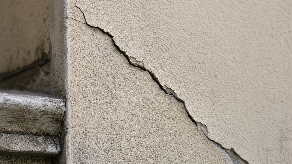 Une fissure diagonale fend l'enduit beige d'une façade maçonnée et soulève ses bords écaillés