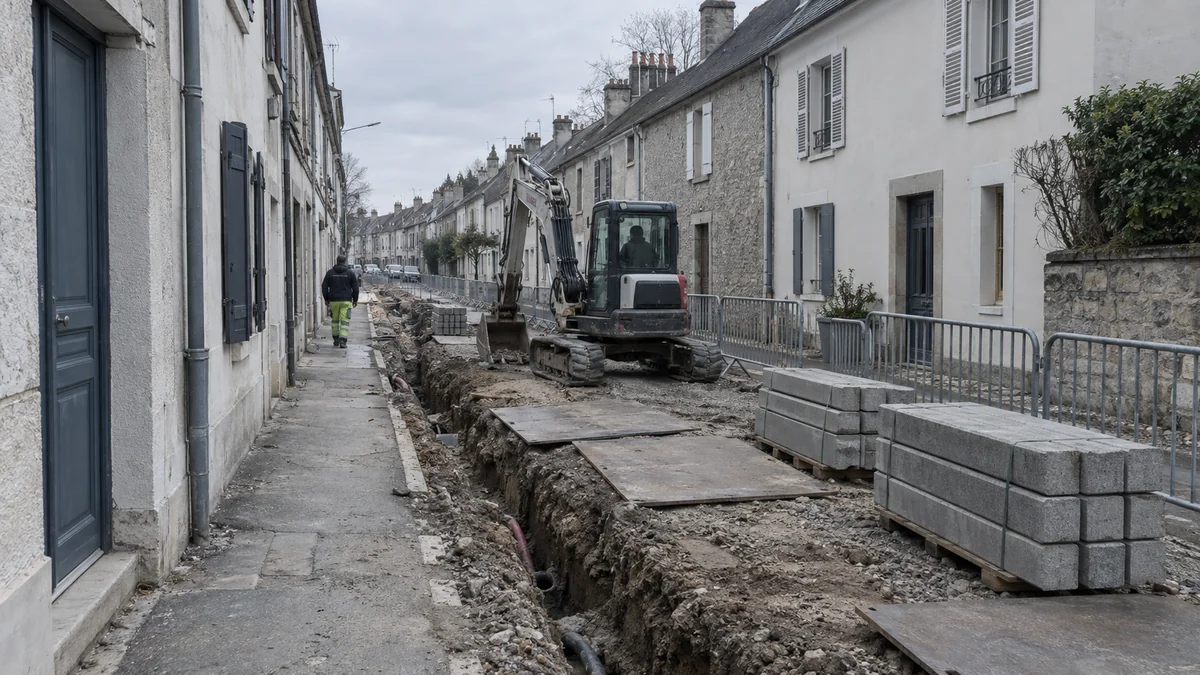 Tranchée de travaux publics ouverte au pied des façades d'une rue de maisons de ville
