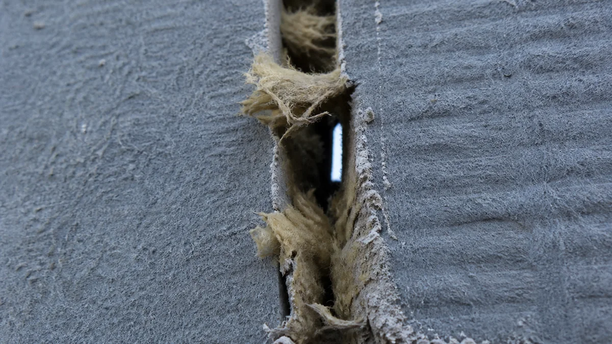 Isolation thermique par l'extérieur arrachée, laine minérale visible et déchirée le long d'un joint de façade