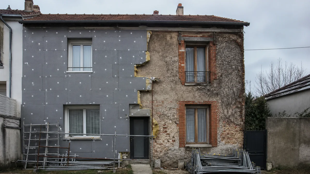 Façade de maison à moitié isolée par l'extérieur, panneaux d'isolation neufs d'un côté et mur brut de l'autre, échafaudage laissé en place