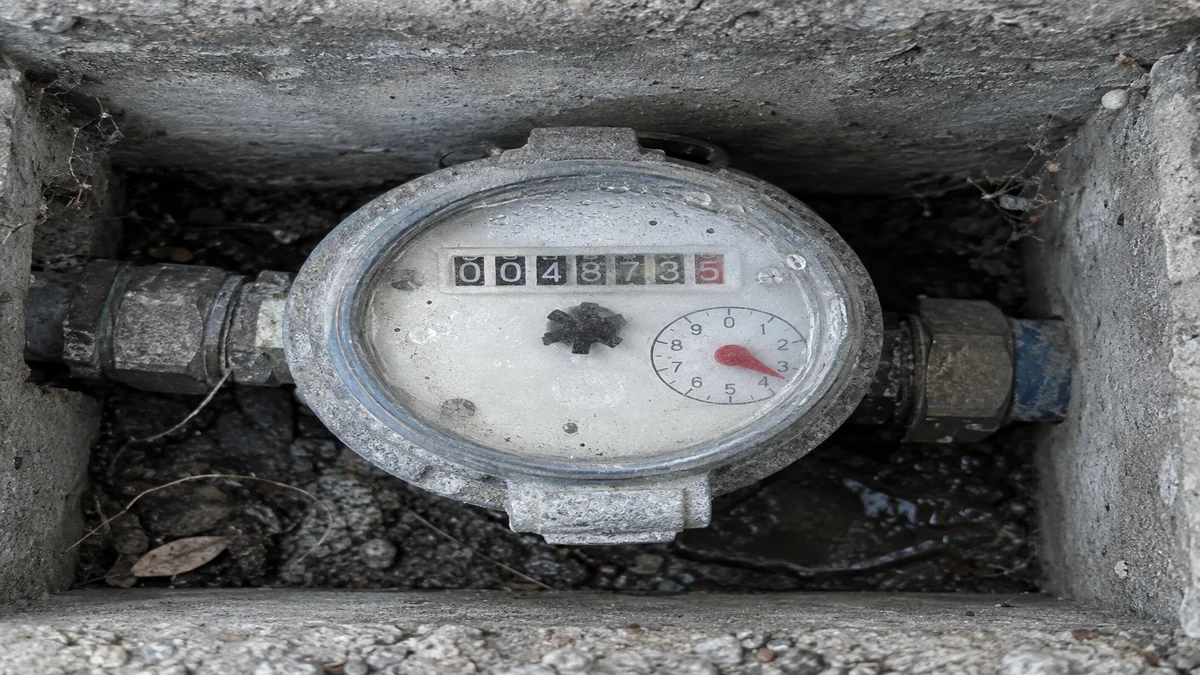 Compteur d'eau mécanique dans un regard extérieur, cadran affichant les chiffres de consommation
