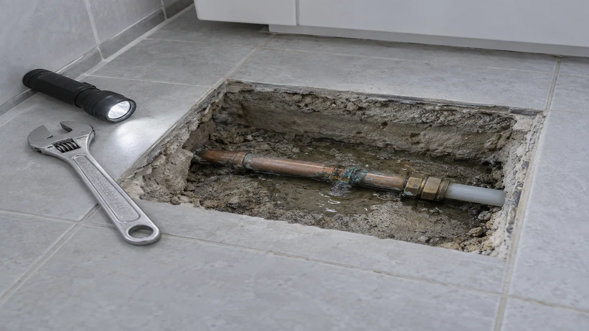 Auréole d'humidité sur un plafond blanc, signe d'une fuite de canalisation encastrée au-dessus