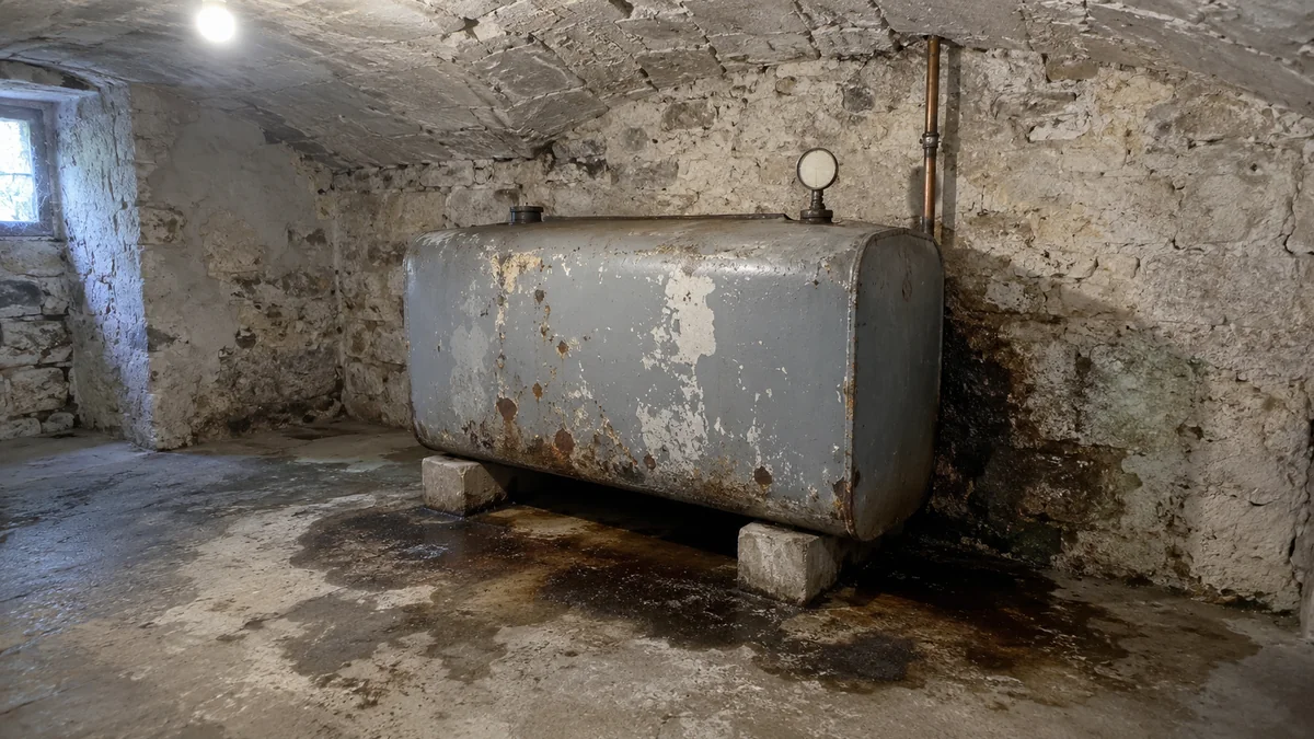 Ancienne cuve à fioul rectangulaire en acier gris posée sur deux plots dans une cave voûtée, peinture écaillée ; une large tache sombre et grasse s'étale sur le sol en béton sous la cuve et remonte en auréole humide au pied du mur