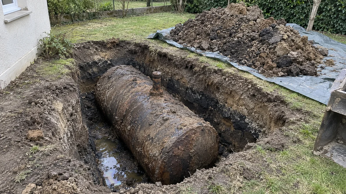 Fouille ouverte dans la pelouse d'un pavillon : une ancienne cuve à fioul enterrée en acier, très rouillée, repose au fond d'une tranchée dont les parois de terre sont noircies par les hydrocarbures