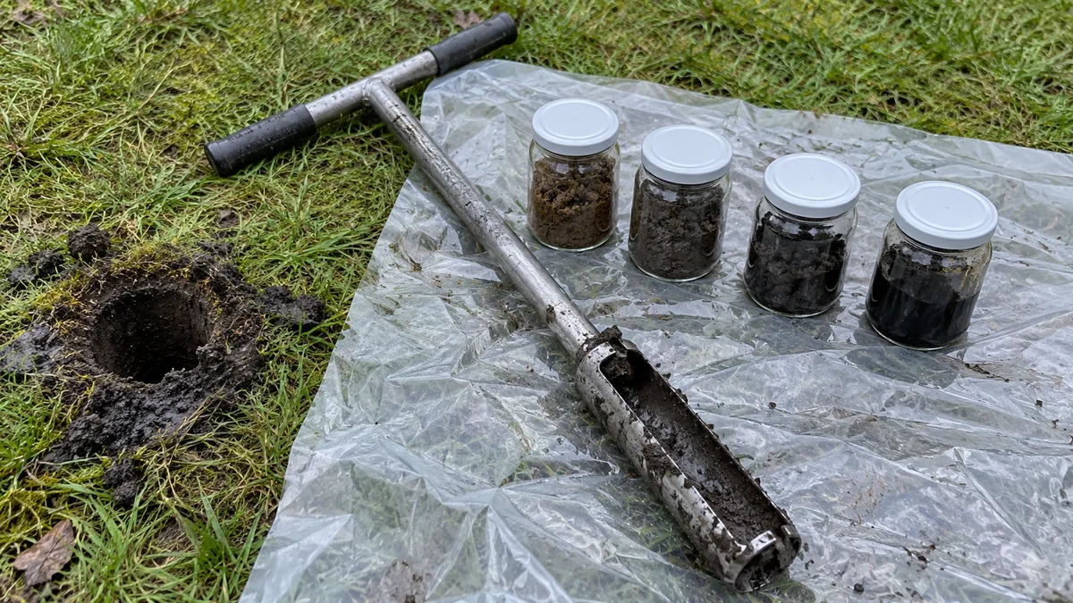 Tarière manuelle posée sur une bâche dans un jardin à côté de quatre bocaux en verre de prélèvements de sol, de la terre brune propre du premier bocal à une terre noire et grasse dans le dernier, près d'un trou de sondage aux bords noircis