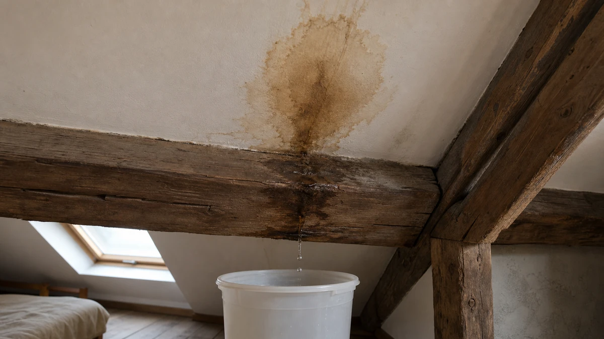 Auréole d'humidité sur un plafond de comble aménagé, avec écoulement d'eau le long d'une poutre de charpente recueilli par un seau, signe d'une fuite de toiture active
