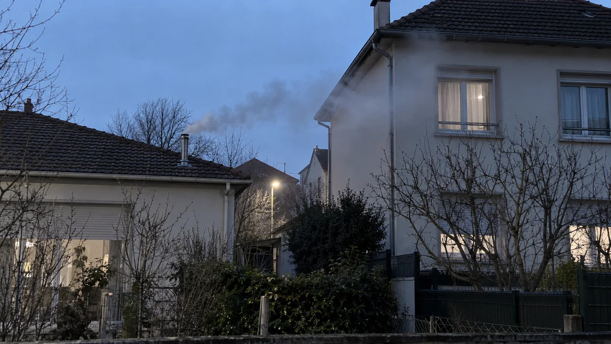 À la tombée de la nuit, la fumée d'un conduit métallique court posé sur une maison de plain-pied dérive vers la façade et les fenêtres de la maison voisine, plus haute, dans une rue pavillonnaire