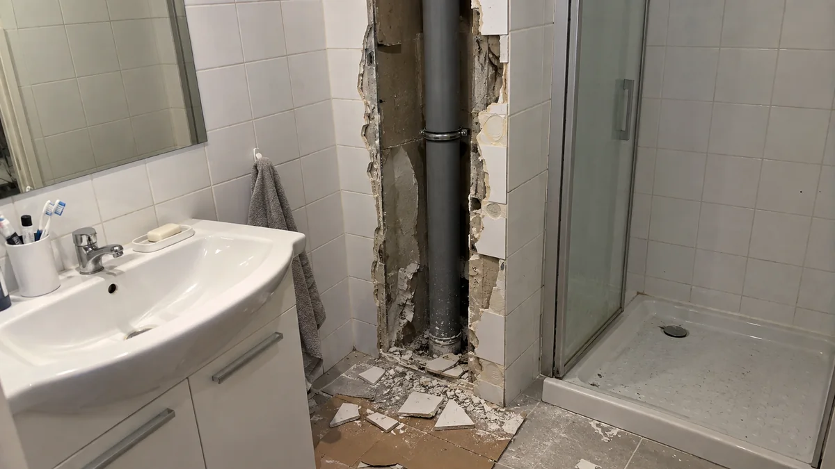 Salle de bains d'appartement dont le coffrage d'angle a été cassé sur toute la hauteur pour remplacer la colonne de chute : le tuyau gris neuf et son collier apparaissent dans la gaine ouverte, bordée de carreaux brisés, des morceaux de faïence et de plâtre jonchent le sol à côté du bac de douche