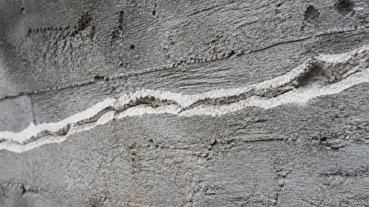 Ancien mur de fondation présentant une fissure visiblement rebouchée au mortier clair, signe d'une reprise antérieure