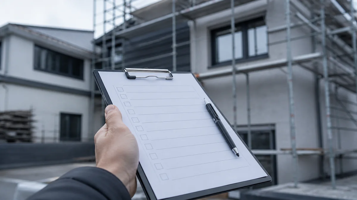 Main tenant une planchette à pince avec une liste de contrôle vierge, devant un chantier de rénovation avec échafaudage