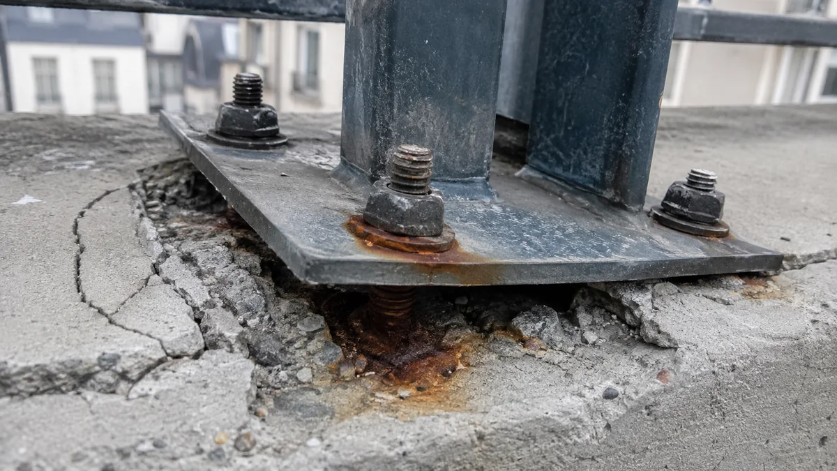 Platine de fixation d'un garde-corps descellée, chevilles arrachées et béton éclaté autour des ancrages