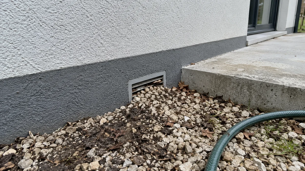 Pied d'un mur enduit de maison : une grille de ventilation de vide sanitaire rectangulaire est à moitié enfouie sous du gravier, de la terre et des feuilles mortes, seule sa partie haute dépasse encore