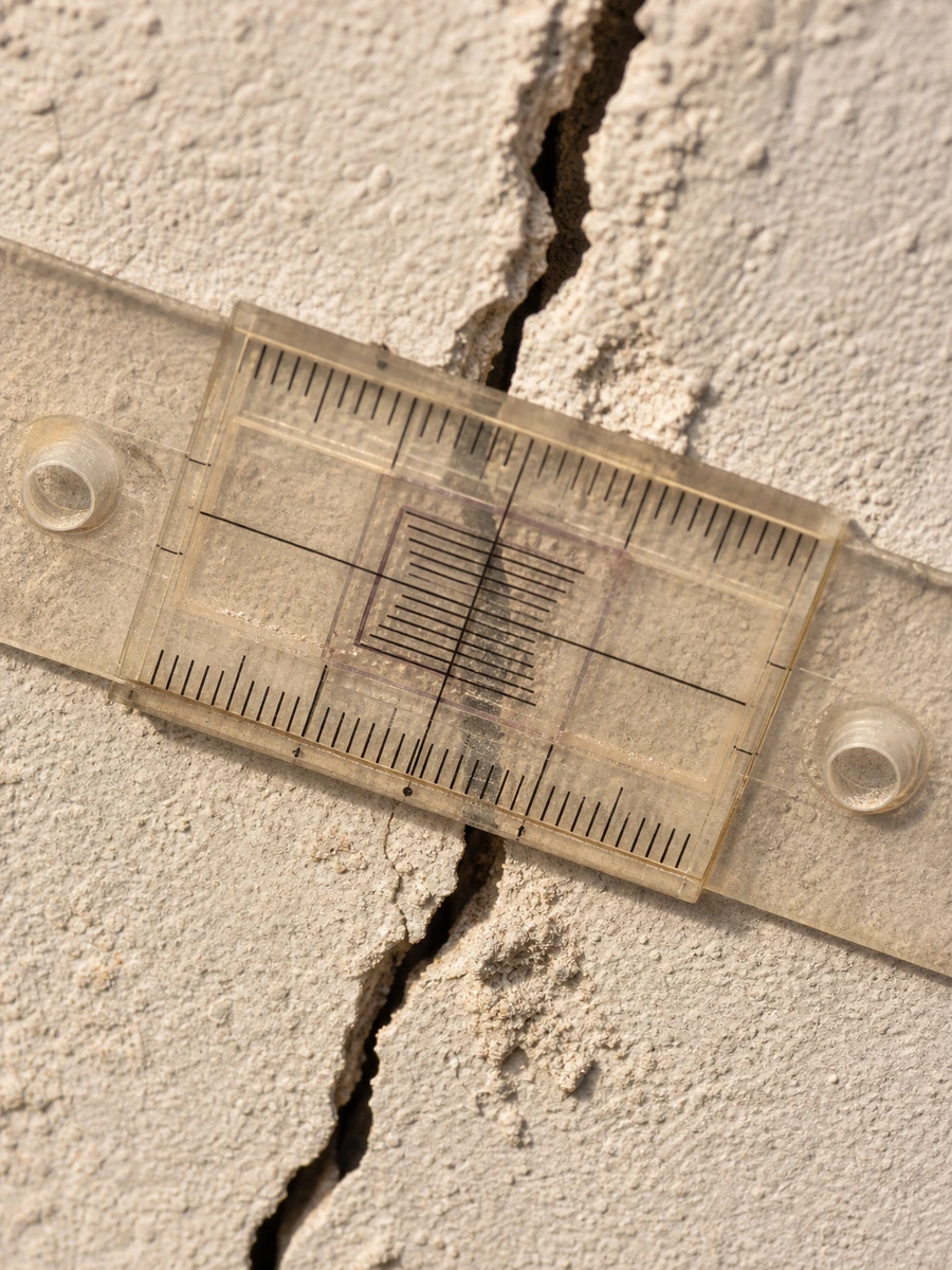 Expert en bâtiment mesurant l'ouverture d'une fissure au fissuromètre sur un mur de façade