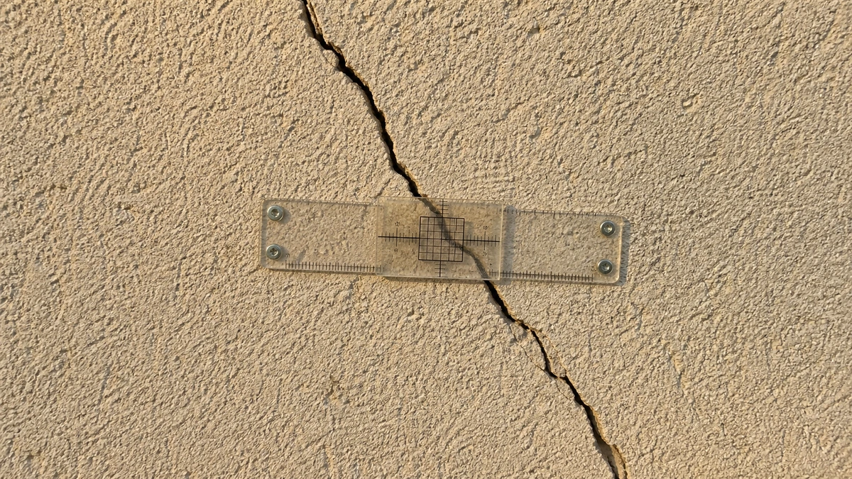 Fissuromètre posé sur une fissure de façade pour mesurer son évolution dans le temps